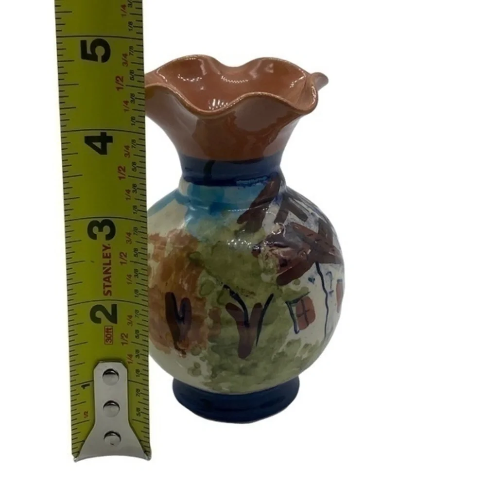Vintage Mexican Hand Painted Pottery Vase with Ruffle Top Art Deco
